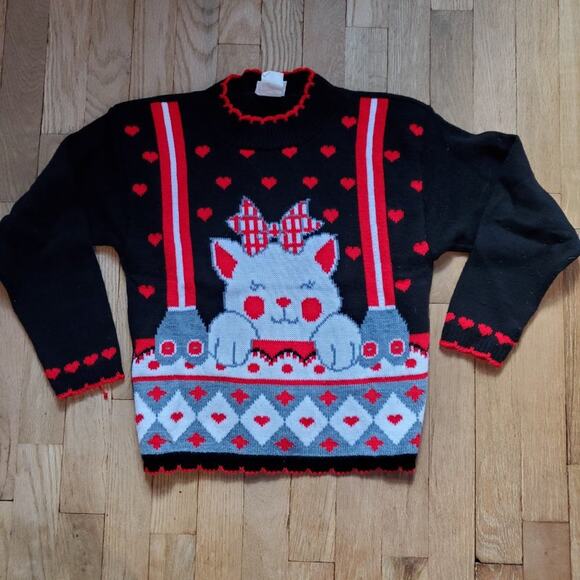 Vintage Fairy Kei Kawaii Kitty Kitten Cat Red Black White Sweater Kids Childrens - Picture 3 of 10